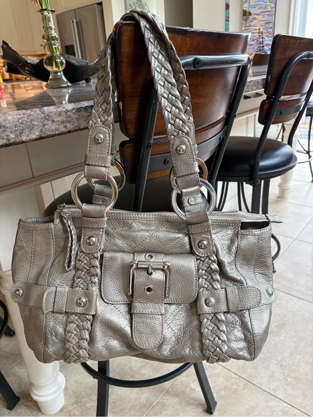 Metallic Silver Leather Women’s Shoulder Bag - Isabella Fiore - Vintage 00’s
